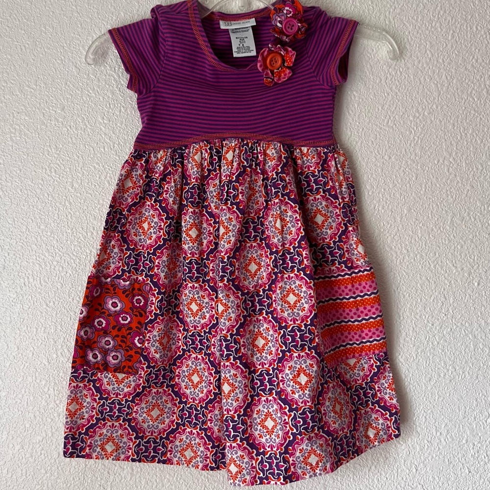 Bonnie Jean Little girl dress geometric pattern pink orange 100% cotton Sz 6